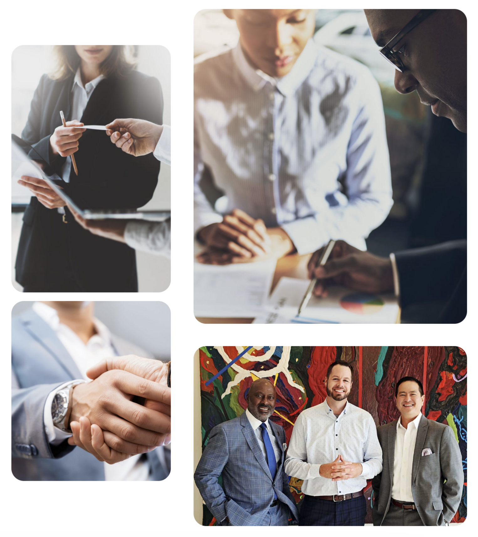 collage of business images: handshakes, two people exchanging notes, two people signing documents, three business partners.